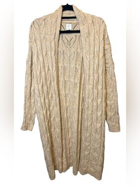 Joie Long Cable Knit Open Front Cardigan Sweater Beige Size XL